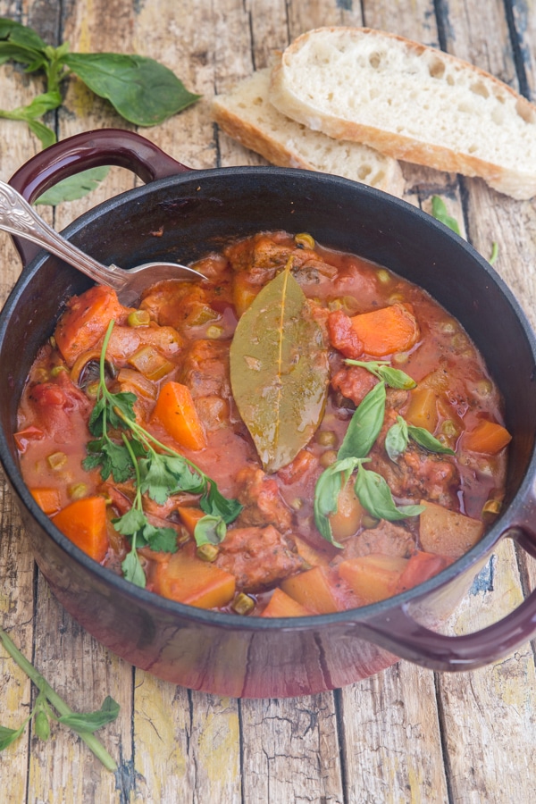 beef stew cooked in the dutch oven