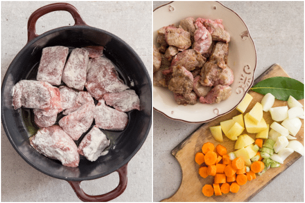 browning the beef in a the pot and the cut vegetables on a wooden board