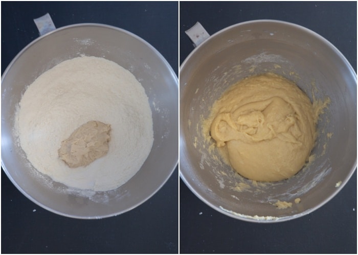 The first dough and dry ingredients in the mixing bowl.