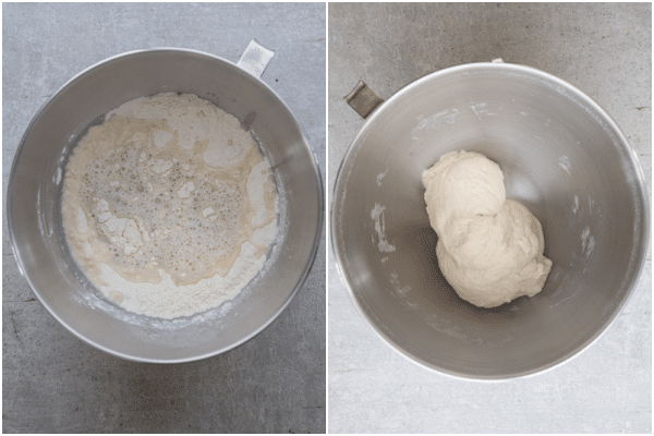 adding the flour and yeast mixture in a bowl kneading the dough until it pulls away