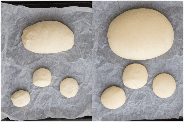 the dough formed before and after the second rise on a parchment paper lined cookie sheet