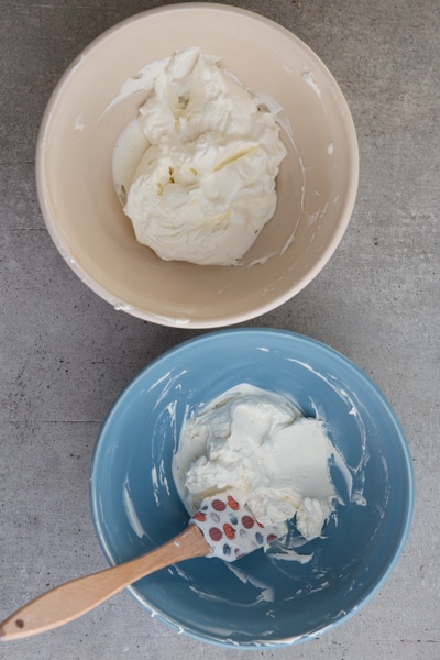 beating the cream until thick and the mascarpone until smooth in small bowls
