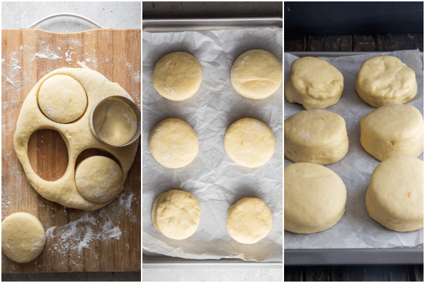 cutting out the dough, the donuts on a parchment paper lined cookie sheet before and after rising
