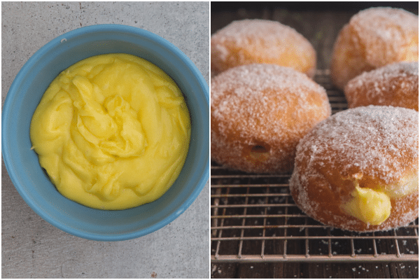 pastry cream in a blue bowl and stuffed donuts on a wire rack