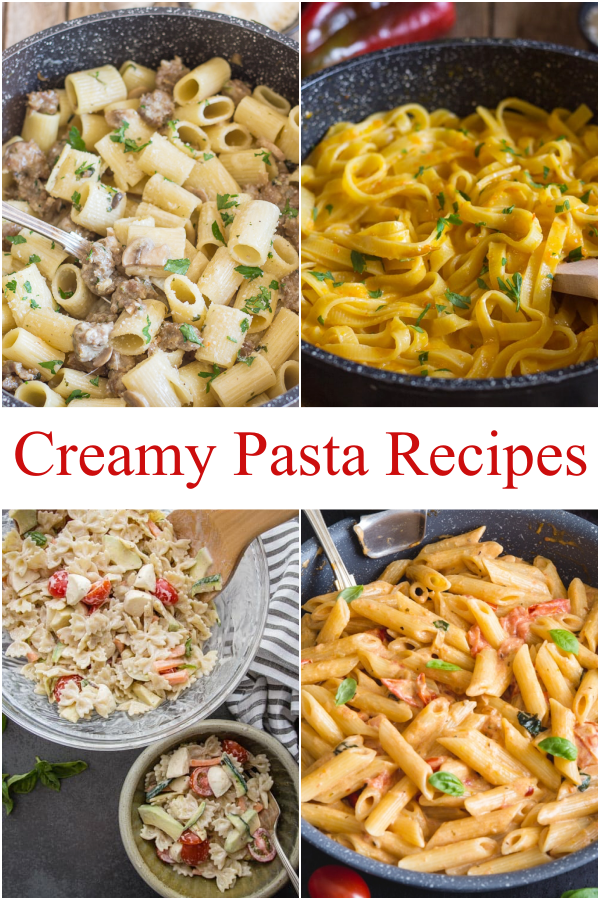 Creamy pasta pepper sauce in a black pan, sausage & mushroom in a pan, pasta salad in a bowl & creamy tomato in a black pan.