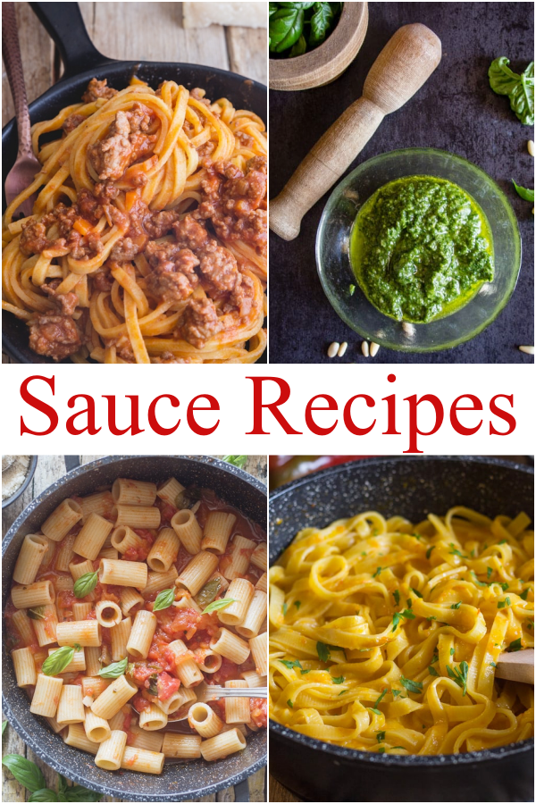 Sauce recipes, bolognese on pasta in a pan, pesto in a jar, fresh tomato sauce & red pepper cream sauce.