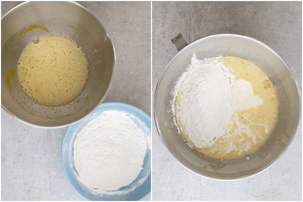 dry ingredients whisked in a blue bowl and wet in the mixer bowl, wet ingredients and half the flour in the mixing bowl