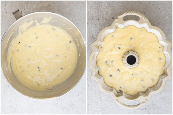 batter for yogurt cake mixed in mixing bowl and poured into the cake pan ready for baking