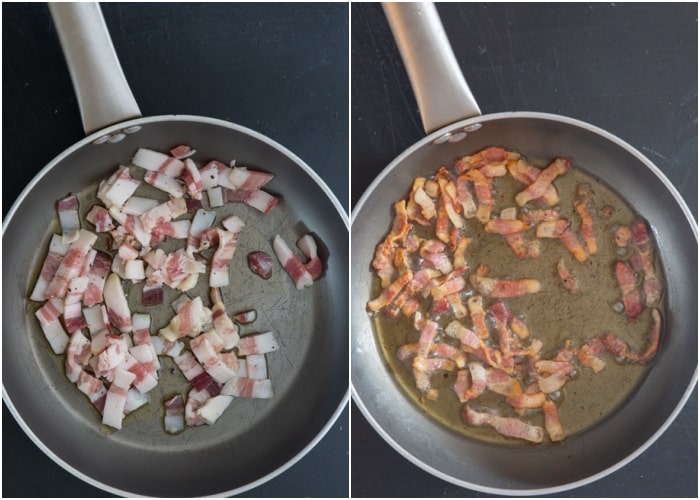 Cooking the guanciale in the pan before and after.