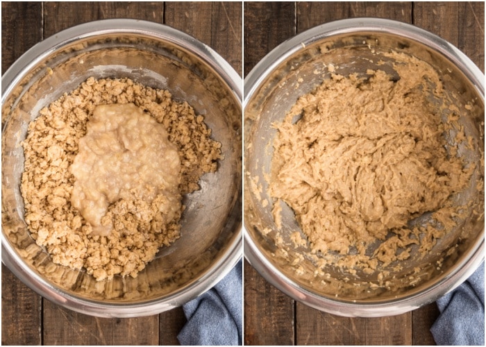 The wet and dry and banana mixed in a silver bowl.