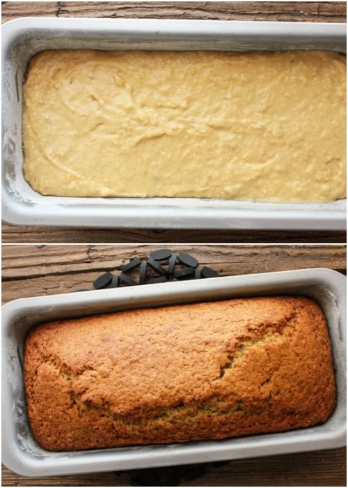 Banana bread in the loaf pan before and after baked.
