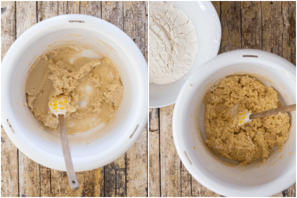the butter and sugar beaten in a white mixing bowl, the eggs beaten into the dough