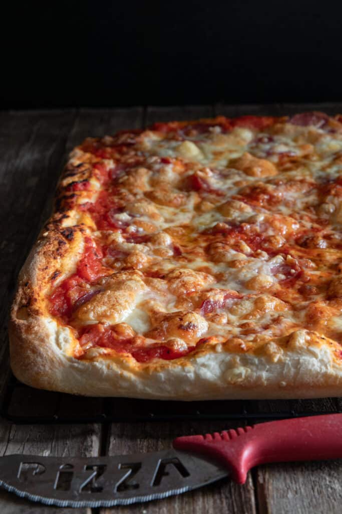 Pizza on a wire rack.