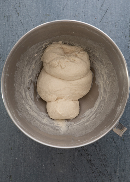 Forming the dough in a mixing bowl.