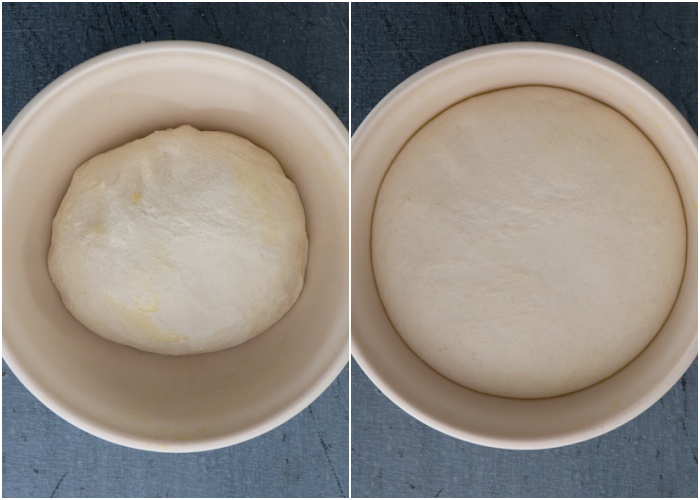 The pizza dough in a white bowl before and after rising.