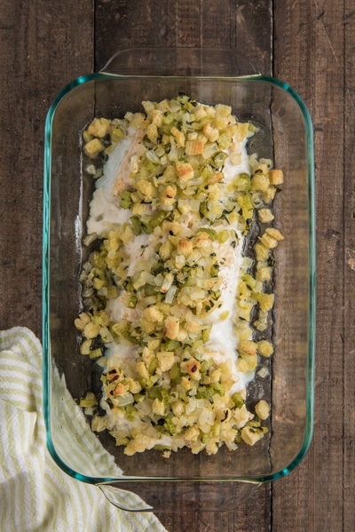 Stuffed halibut in a glass pan.