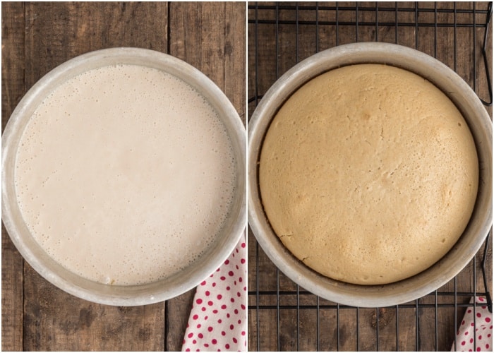 Cake batter in the pan before and after baking.