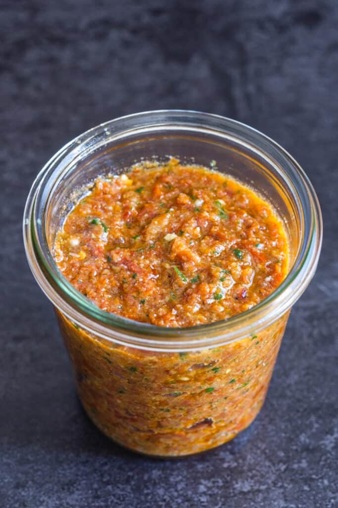 Sun dried tomato pesto in a jar.