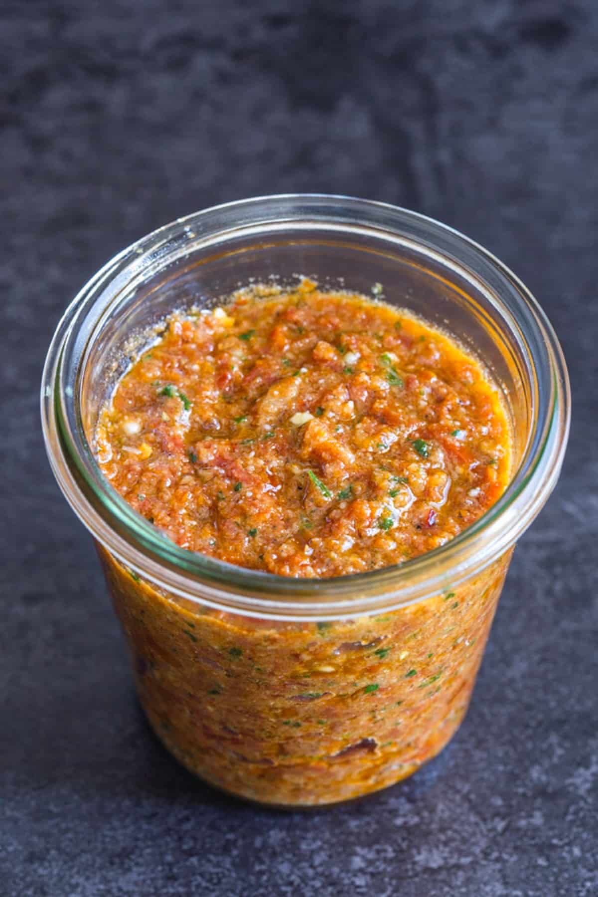 Sun dried tomato pesto in a jar.