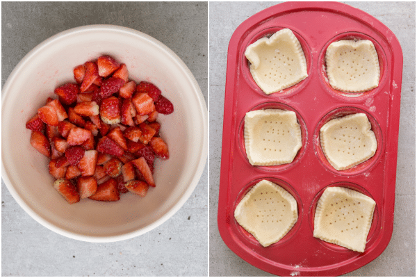 the strawberry mixture in a white bowl, the pastry squares in the muffin tin