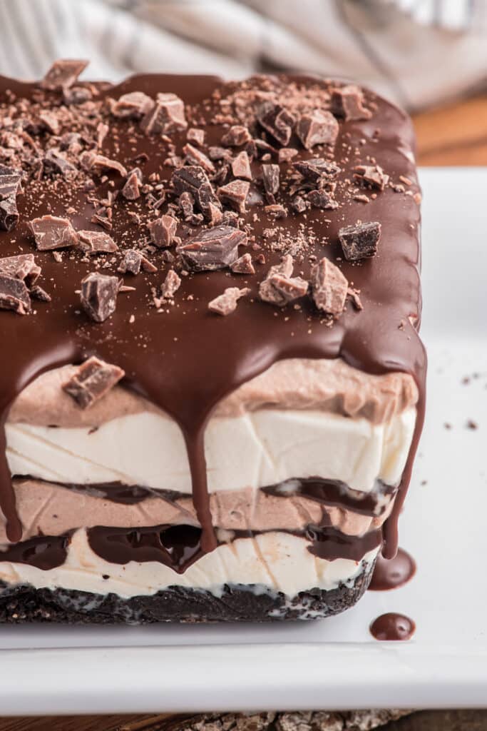 Ice cream cake on a white plate.