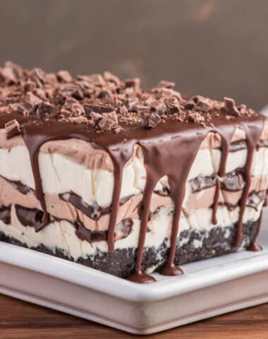 chocolate ice cream cake on a white plate.