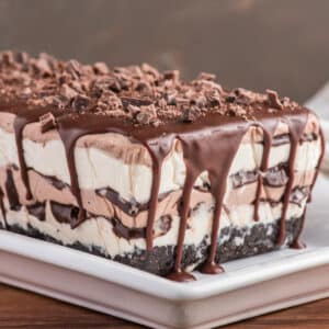 Chocolate ice cream cake on a white plate.
