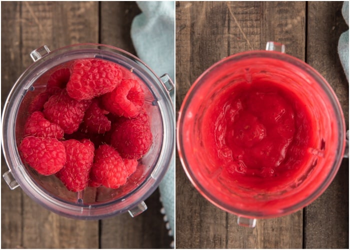 The berries before and after pureed.