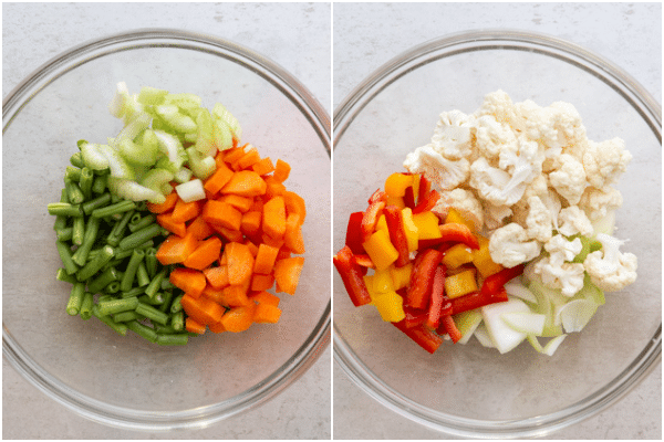 chopped vegetables in a glass bowl
