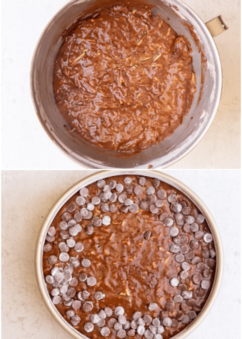 Batter in the bowl and in the baking pan.