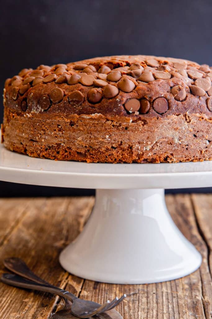 Zucchini chocolate cake on a white cake stand.