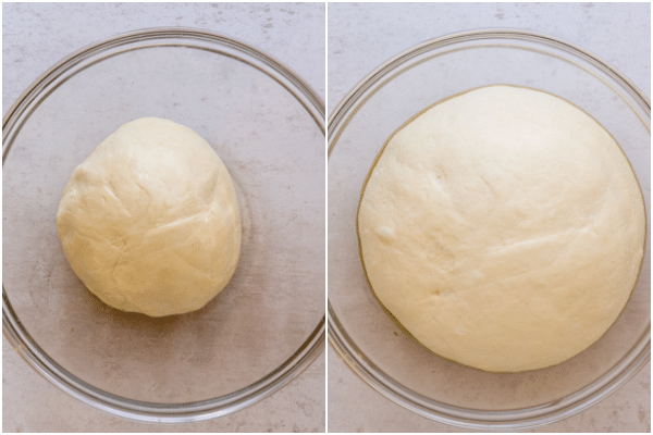 dough in a glass bowl before and after rising