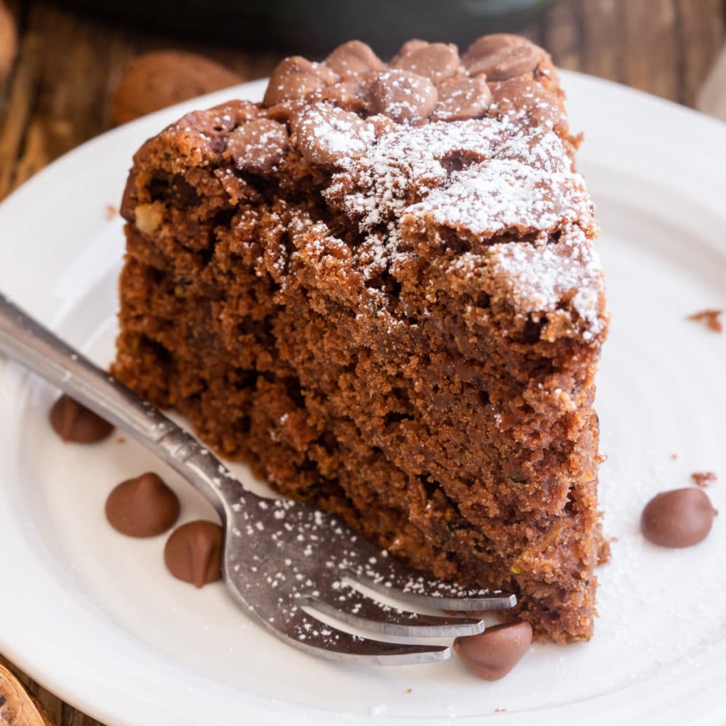 a slice of cake on a white plate with a fork and a few chocolate chips