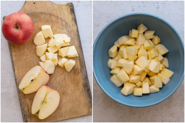 chopping the apple on a board and chopped in a blue bowl