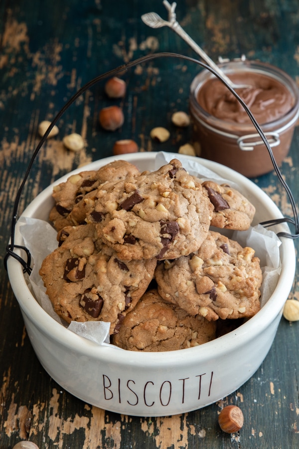chocolate drop cookies in a white bowl