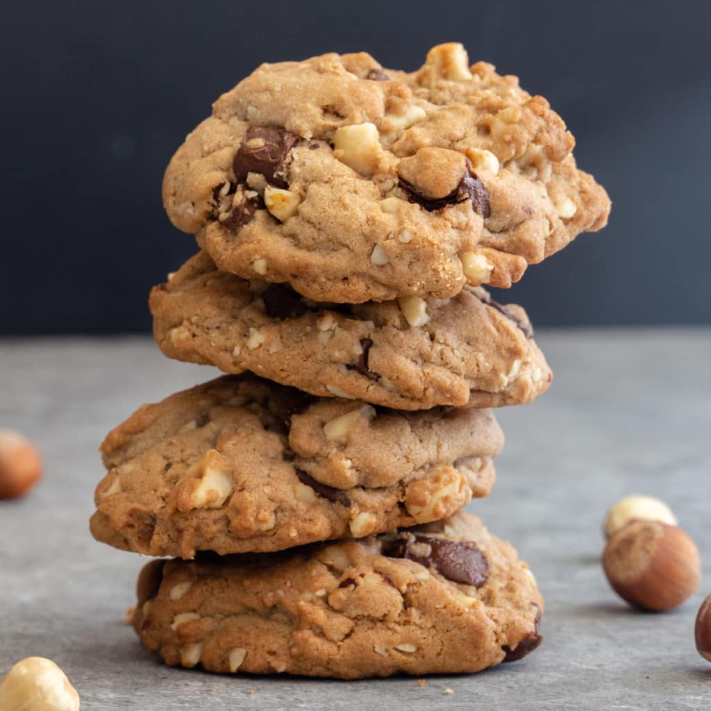 Four chocolate cookies stacked.