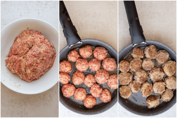 meatball mixture in a white bowl, browning in a frying pan