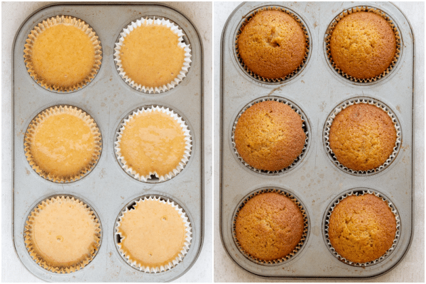 cupcakes in muffin tin before and after baked