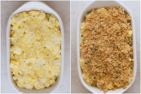 in the baking dish before and after baking