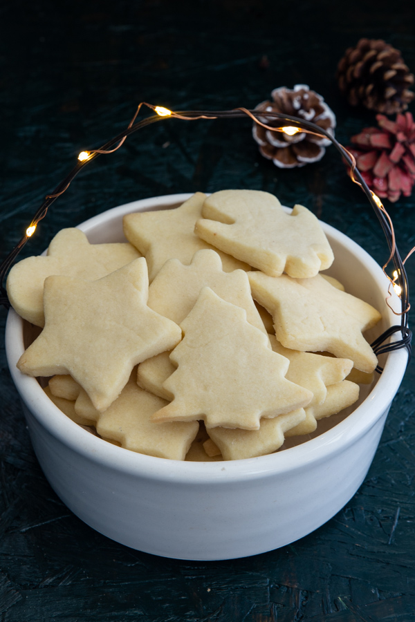 cookies in a white bowl with fairy lights around the handle