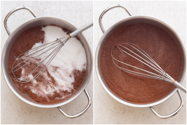 whisking the dry ingredients in a pot