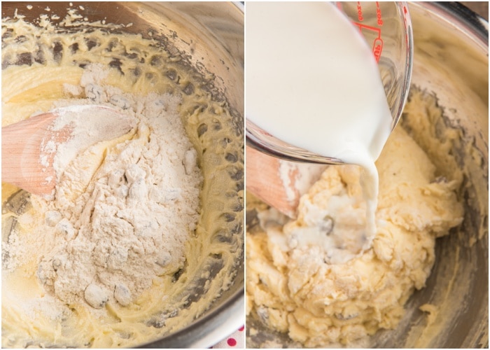 Adding the dry ingredients and milk alternately to the creamed mixture.