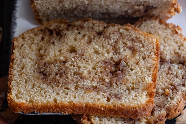 an up close photo of a slice of cinnamon bread