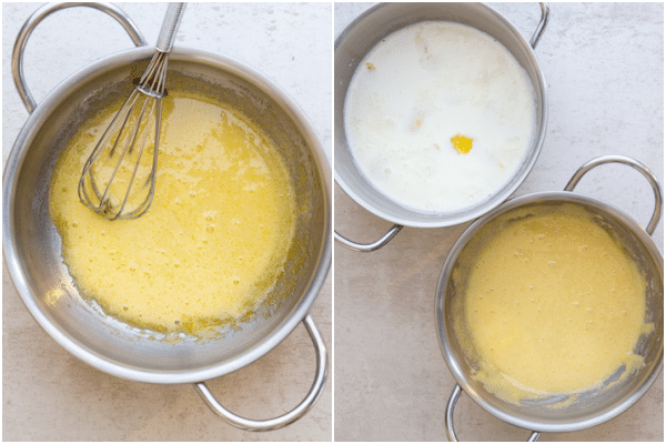 yolks in a pot and milk and cream in a pot