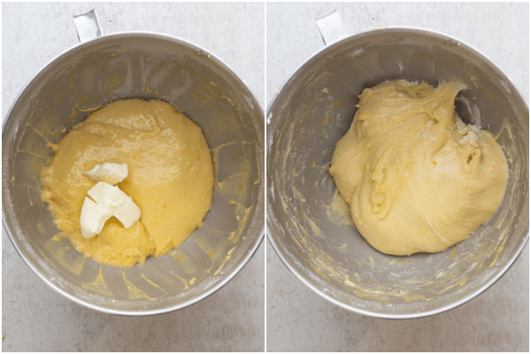 adding the butter to make the dough before kneading