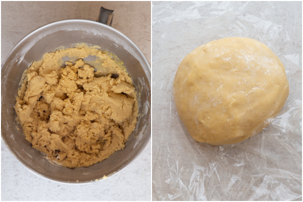 combine the beaten ingredients & the dry ingredients, rolled into a dough ball