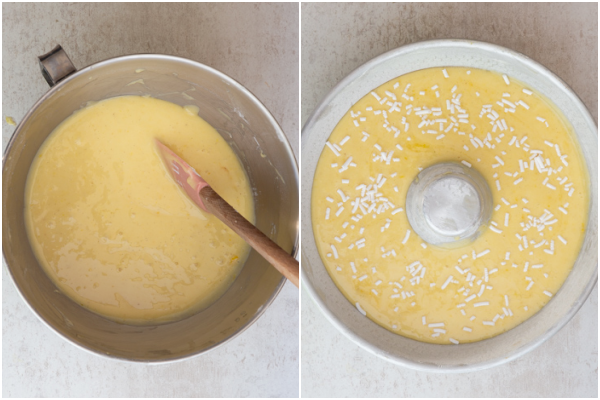 the cake batter in a bowl and ready to bake in a bundt pan