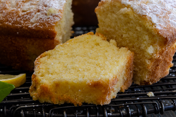 a slice of lemon bundt cake