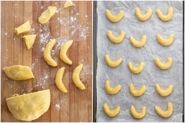 forming into crescent shapes and placing on a cookie sheet
