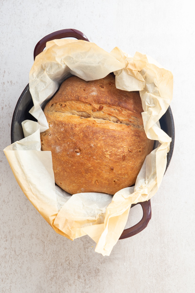 the baked bread in a dutch oven